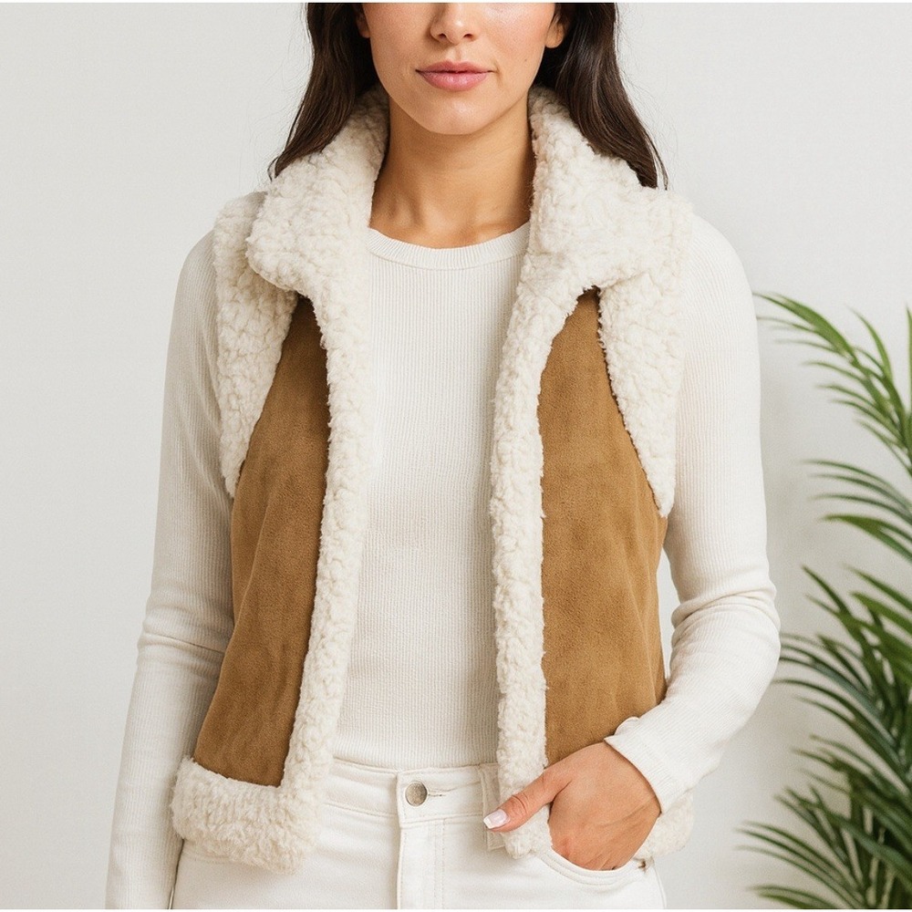 Old Navy Faux Fur Vest Sz sm vintage boho folk brown beige faux suede penny lane